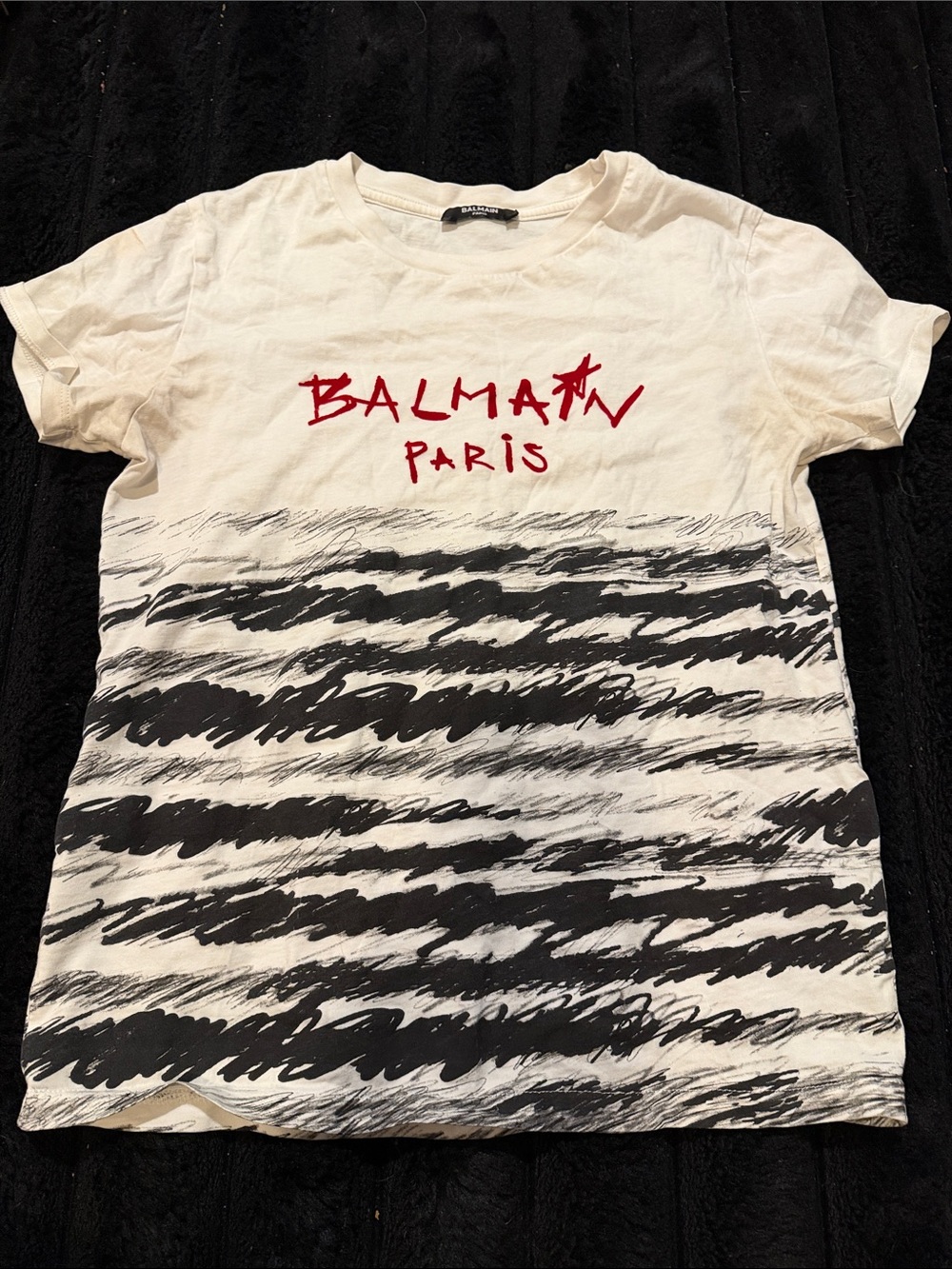 Balmain Kids White Tee with Red Logo and Black Sketch Stripes